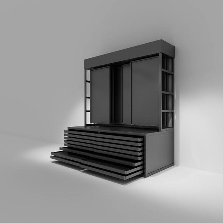 Robustes Präsentationsregal aus Stein mit flacher Schublade